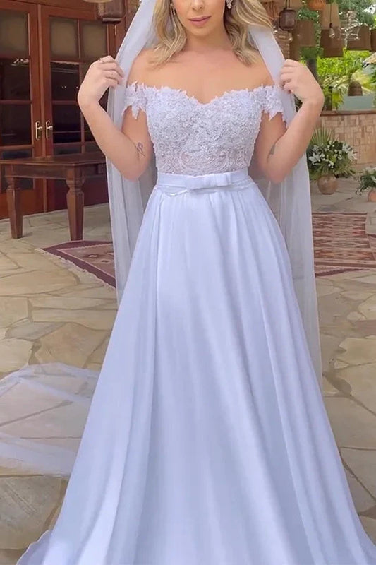 Off-Shoulder Backless A-Line Appliques Wedding Dress