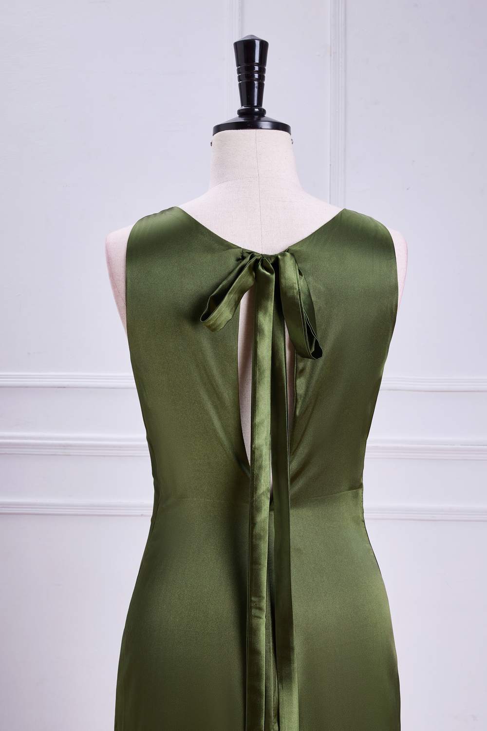 Olive Sleeveless Mermaid Satin Bow Tie Calf-Length Bridesmaid Dress