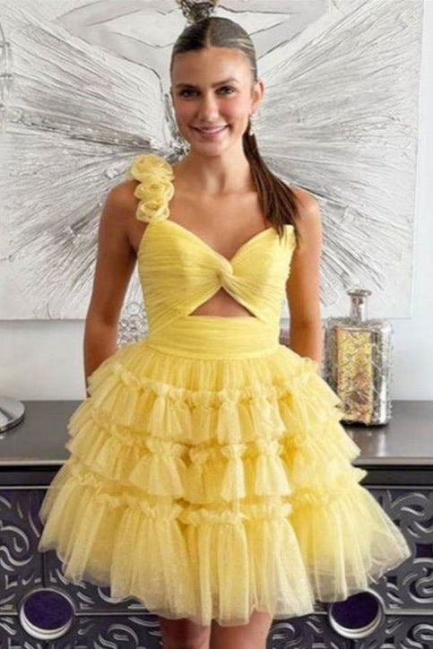 One Shoulder Yellow Ruffles Tiered Short Dress