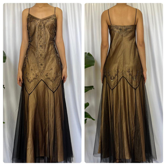 Golden Brown Vintage Fashion Elegant Exquisite Beading Long Chiffon Satin Tulle Ball Gown Evening Dress Party Dress Prom Dress gh3723