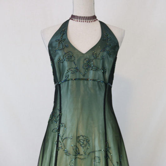 Green Vintage Ombre Floral Beaded Empire Waist Halter Long Chiffon Tulle prom dress Evening Gown Party Dress gh3606