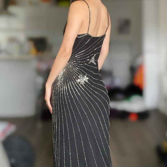 Black Vintage Fashion Elegant Sophisticated Stunning Silver Butterfly Beaded Long Chiffon Tulle Ball Gown Evening Dress Party Dress Prom Dress gh3722