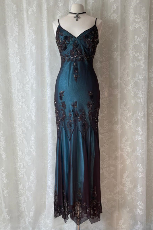 Girlhomeshops-Turquoise Gorgeous Vintage Exquisite Beaded Spaghetti Strap Long Chiffon prom Gown Evening Gown Party Dress gh5403
