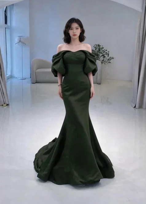 Mermaid Off The Shoulder Dark Green Long Prom Dress P1268
