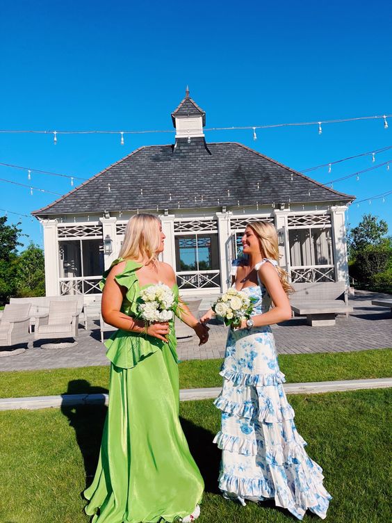 Sexy A line Long Blue Floral Prom Dress Blue and White Party Dresses P1591
