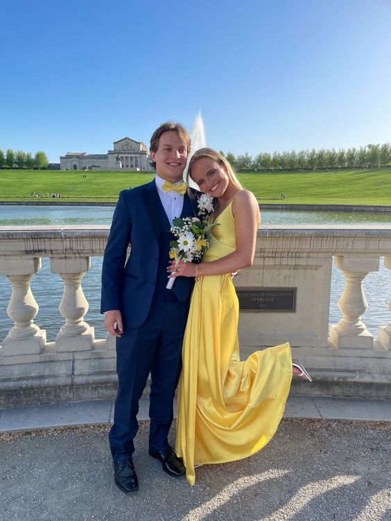 Sexy A line Spaghetti Straps Yellow Floor Length Prom Dress 1689