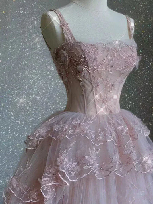 Pink Exquisite Beading Long Tulle Ball Gown Evening Dress Party Dress gh4896