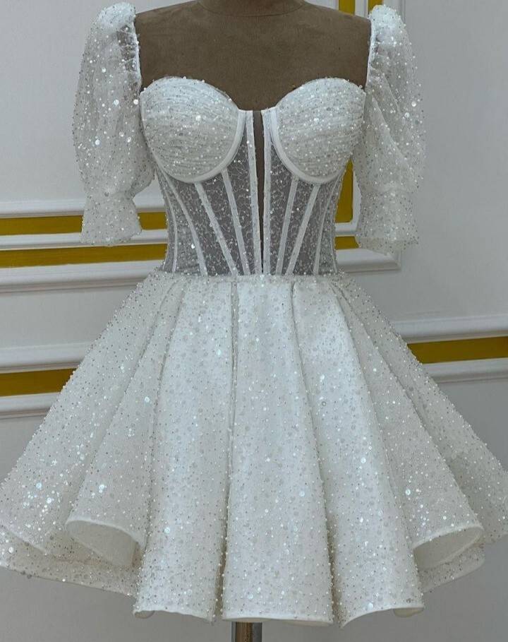 Sparkly A line Short Cocktail Dresses White Sequin 18th Birthday Outfits P1817