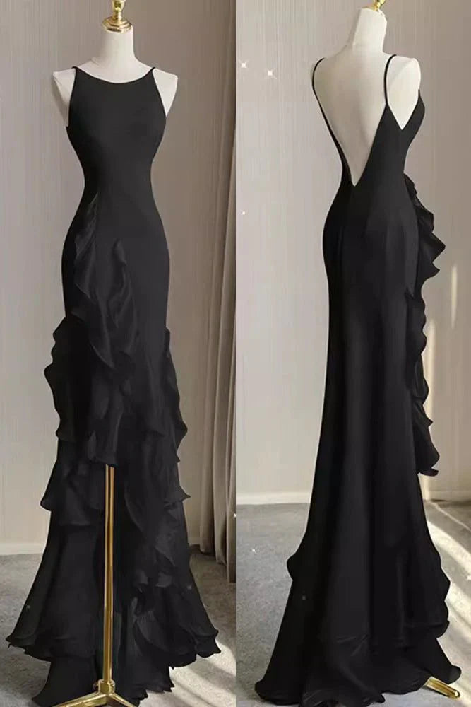 Black/Wine Red/White Fashion Elegant Spaghetti Strap Backless Long Chiffon Mermaid Slim Ruffle Ball Gown gh3460