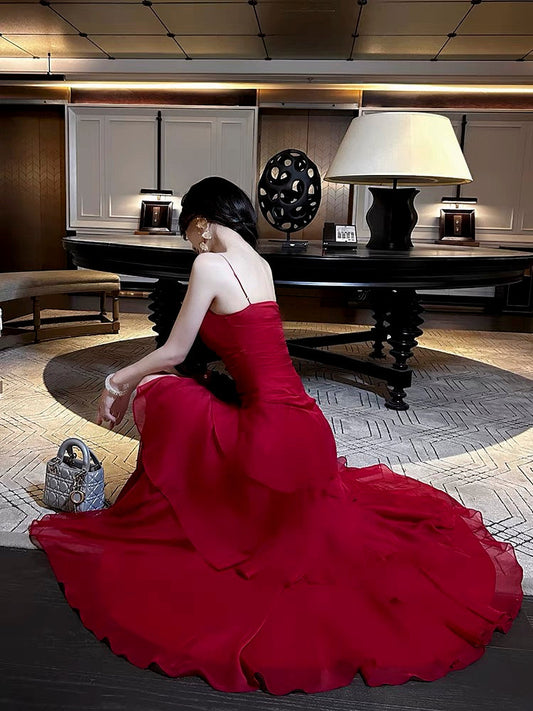 Pretty Sheath Spaghetti Straps Red Long Length Chiffon Prom Dresses Evening Gowns Birthday Dress P2353