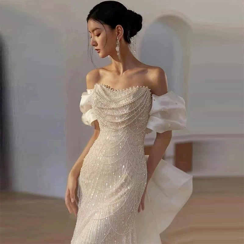 Modest A line Off The Shoulder Pink Sequin Long Floor Length Pearls Prom Dresses P2404