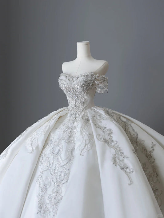 Shiny satin heavy rhinestone beaded vintage floor-length wedding dress P2507
