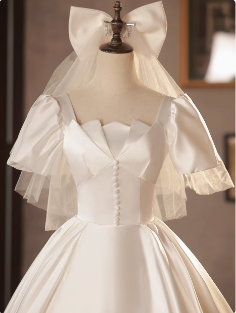 French White Satin Short Sleeve Tea Length A-Line Wedding Dress P2629