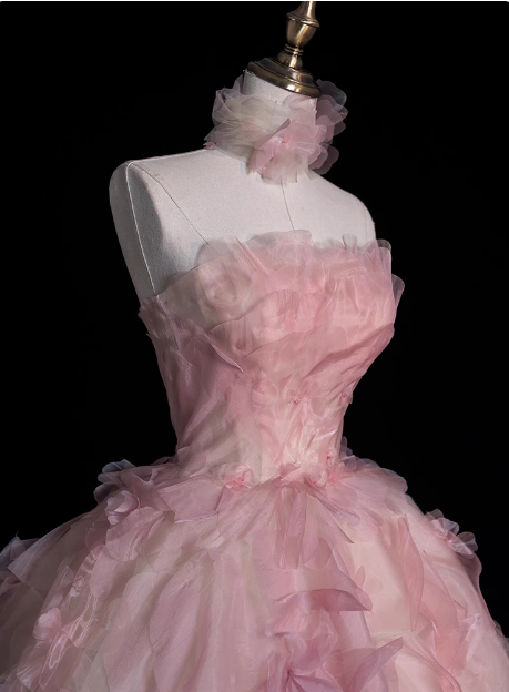 Princess Pink Strapless Floral Tulle Floor-Length Wedding Dress P2753