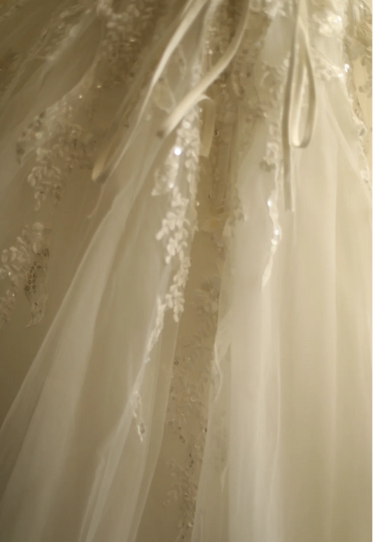 Simple One Shoulder Satin Mesh Splicing A-Line Floor-Length Wedding Dress P2827