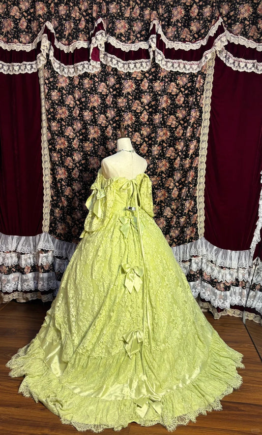 Grass Green Lace Flower Opening Ceremony Skirt Satin Floor-Length Wedding Dress P3044