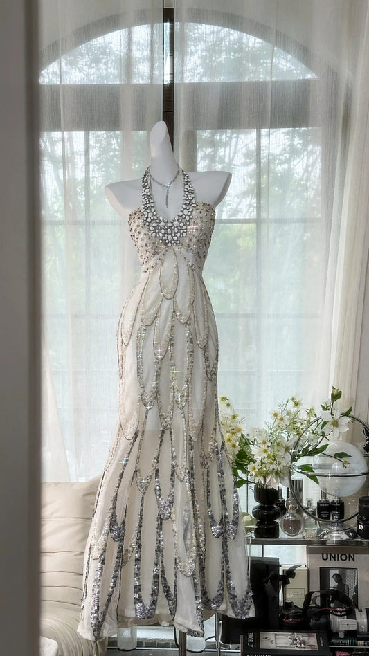 Vintage White Halter Off-The-Shoulder Beaded Prom Dress P3253