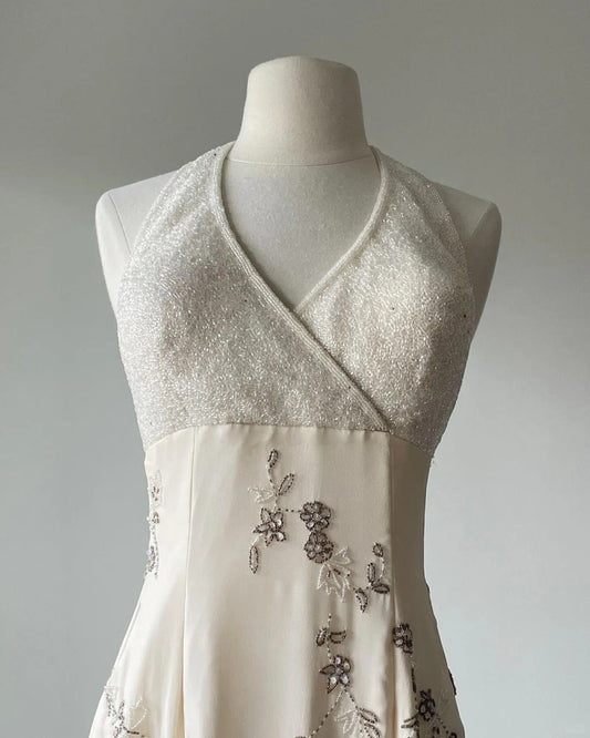 Elegant White Halter Neck Chiffon Beaded Prom Dress P3398