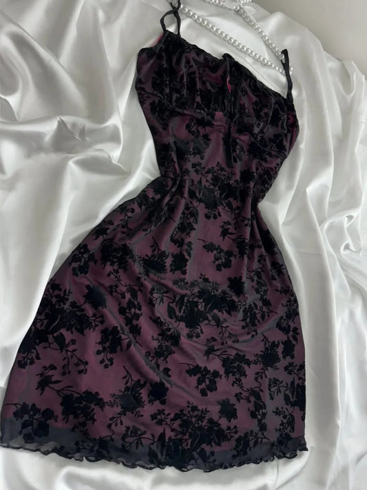 Vintage Purple Black Lace Strap Mini Homecoming Dress P3419