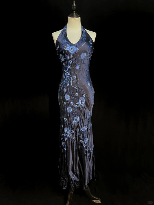 Elegant Navy Halter Neck Embroidered Satin Long Prom Dress P3490