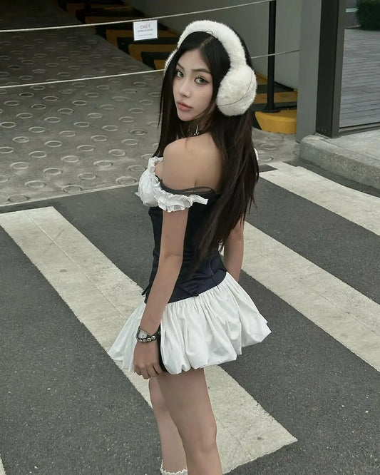 College Style Black And White Splicing Flower Bud Skirt 20th Birthday Homecoming Dress P3514