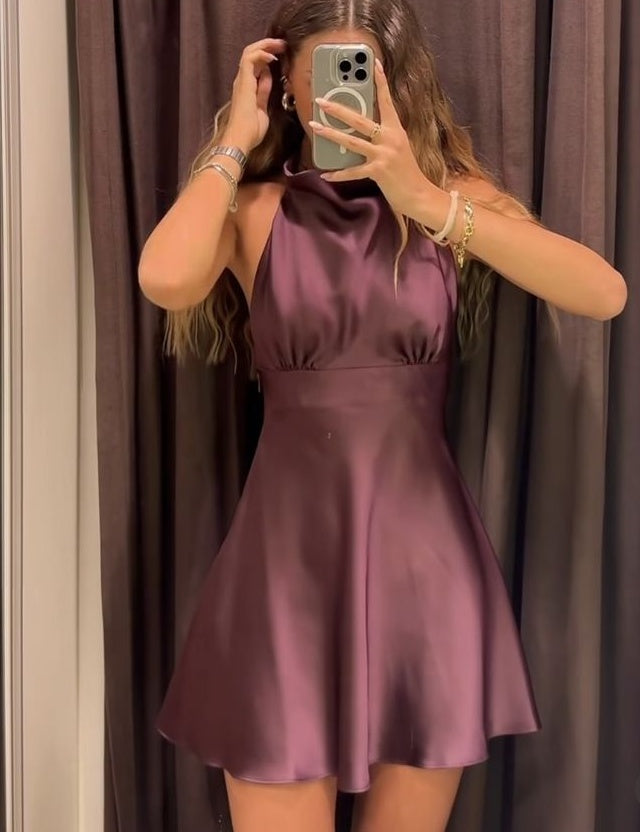 Elegant Homecoming Dress A Line Stain Halter Dark Purple Cocktail Dress Short Birthday Party Dress P4939