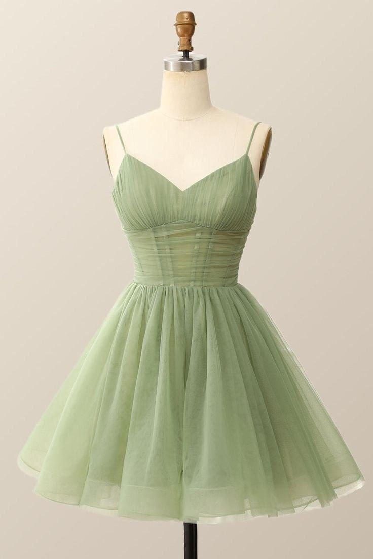 Pretty Homecoming Dress Light Green Spaghetti Straps Tulle Cocktail Dress Short Birthday Party Dress P4950