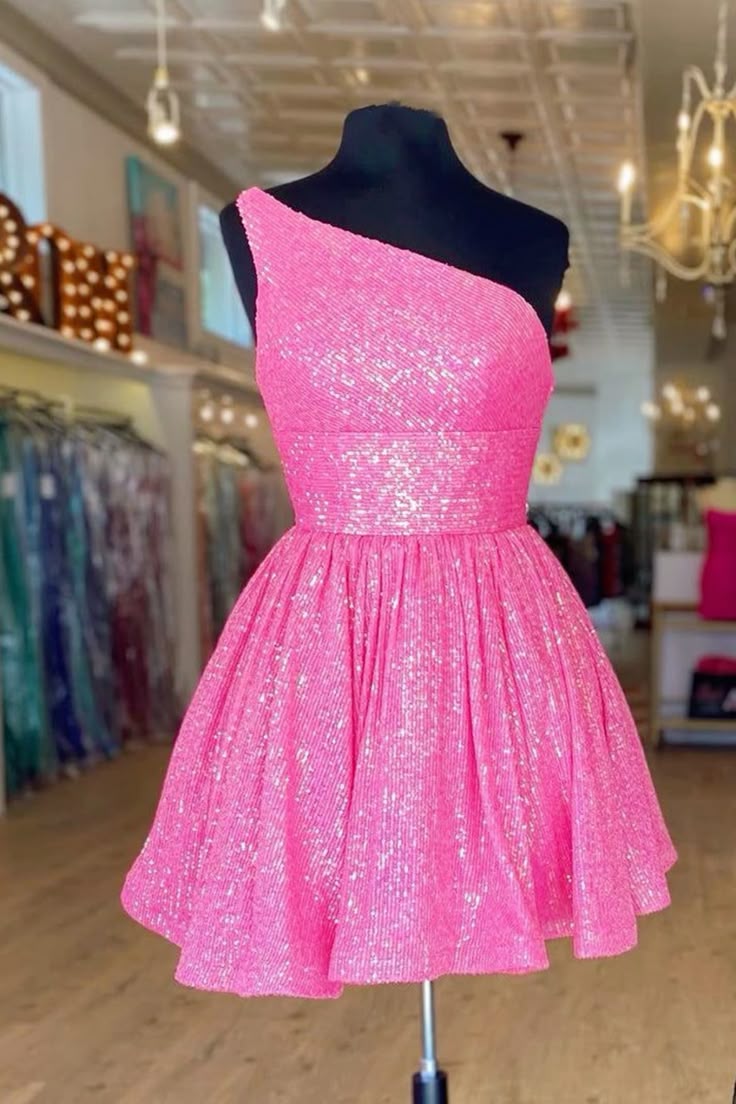 Shiny Homecoming Dress Hot Pink One Shoulder Pleated Short Party Dress Cocktail Dress P4963