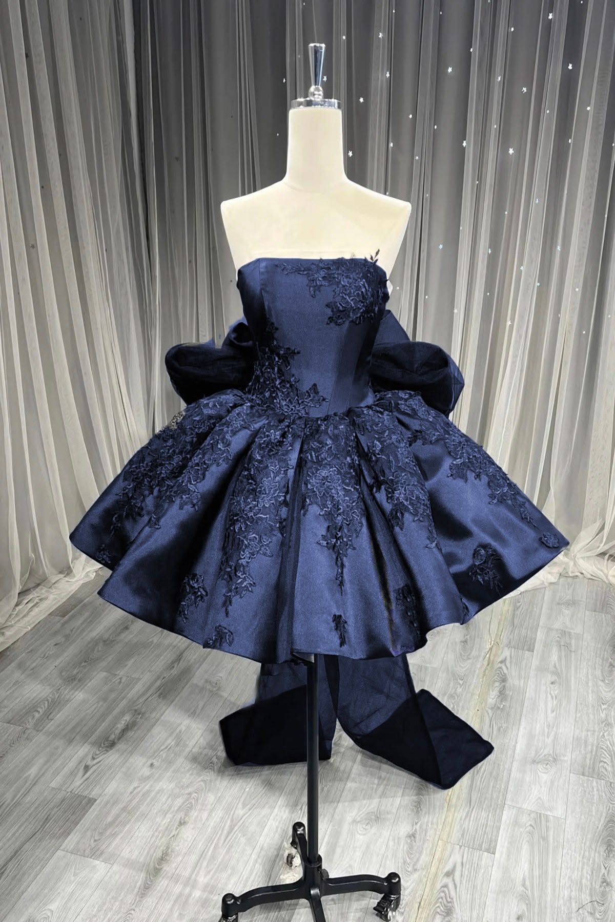 Classy Homecoming Dress Navy Blue Strapless Stain Pleated Short Party Dress Cocktail Dress P4964