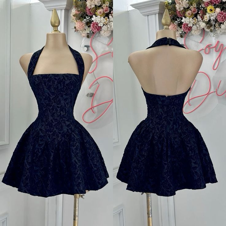 Elegant Homecoming Dress Navy Blue A Line Halter Short Birthday Party Dress Cocktail Dress P4966