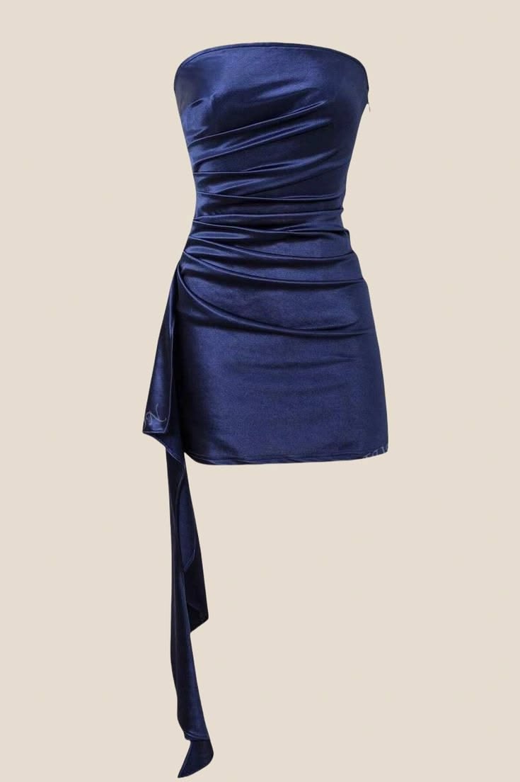 Chic Homecoming Dress Navy Blue Stain Strapless Pleated Cocktail Dress Short Birthday Party Dress P4991