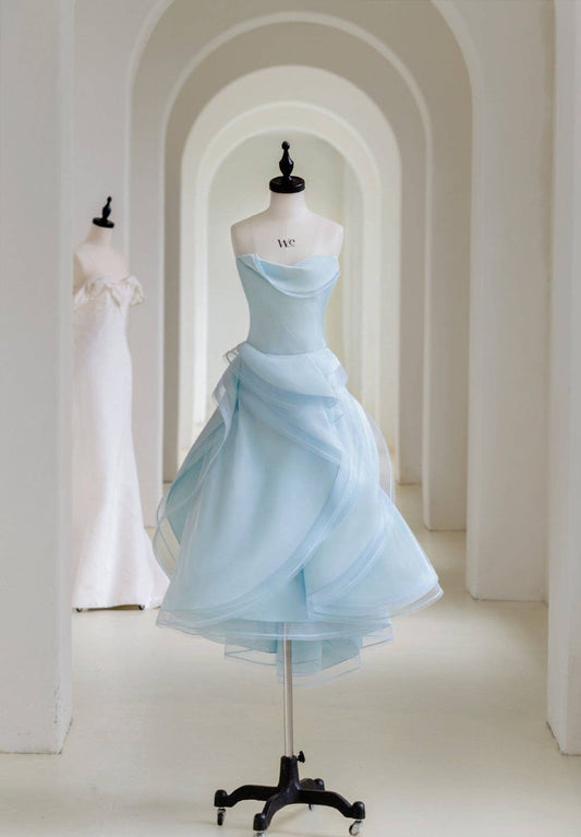 Lovely Homecoming Dress Baby Blue Strapless A Line Pleated Back to School Outfits Short Birthday Party Dress P4993
