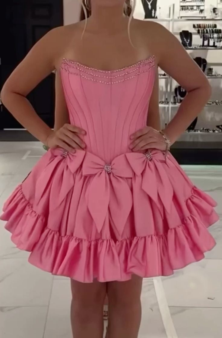 Sweet Homecoming Dress Pink Strapless A Line Pleated Bowknot Back to School Outfits Short Birthday Party Dress P4994