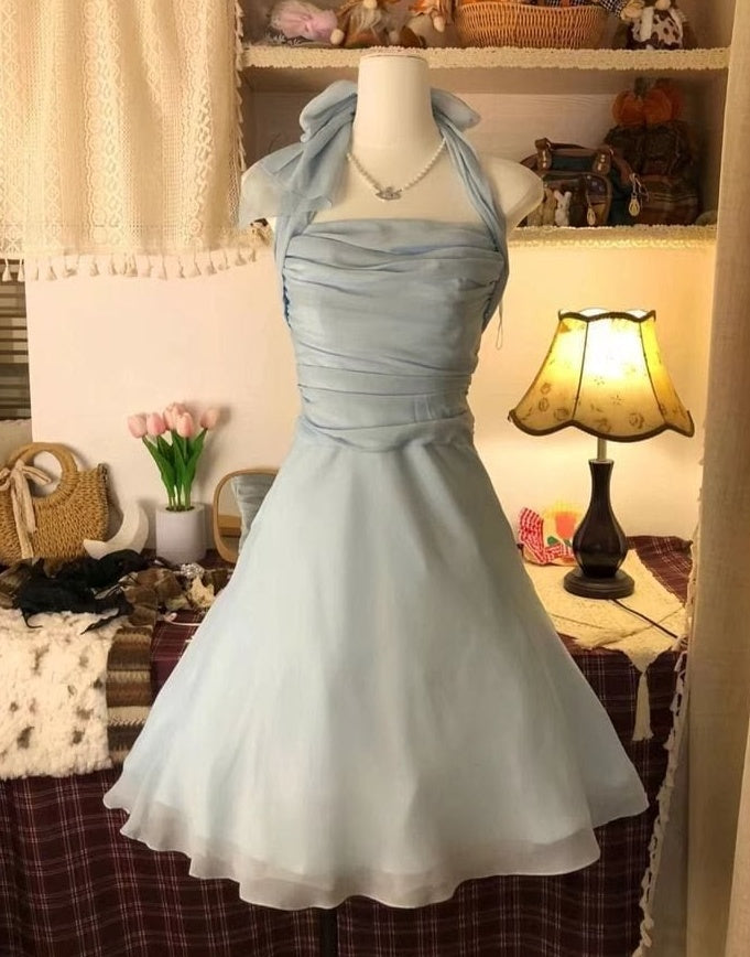 Stunning Homecoming Dress Light Blue Halter A Line Chiffon Pleated Back to School Outfits Short Birthday Party Dress P4996
