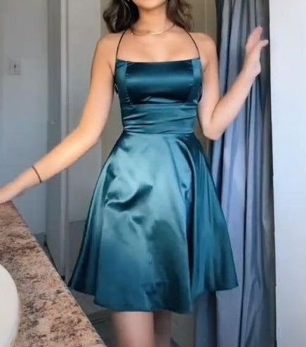 Elegant Homecoming Dress Navy Blue Halter A Line Stain Pleated Back to School Outfits Short Birthday Party Dress P4997