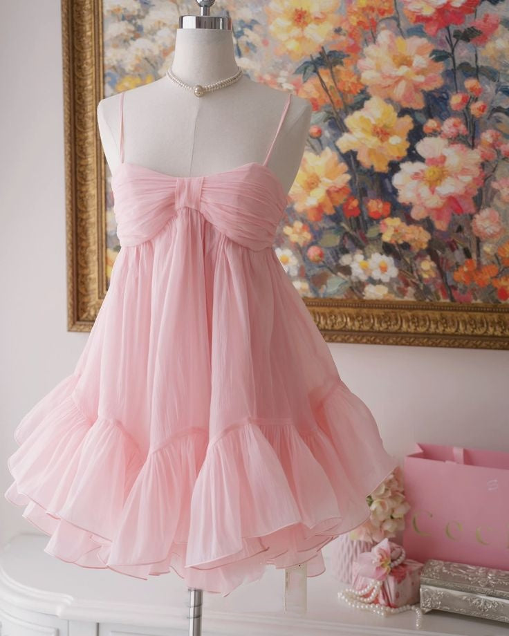Pretty Homecoming Dress Light Pink Spaghetti Straps Pleated Short Birthday Party Dress Cocktail Dress P5002