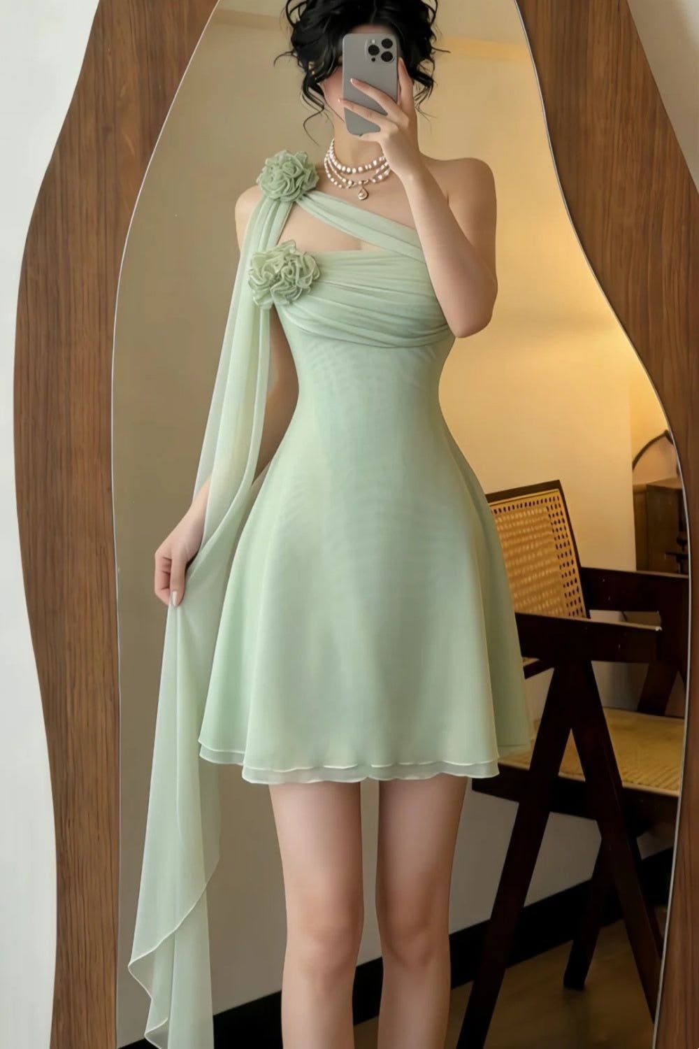 Beauty Homecoming Dress Light Green A Line One Shoulder Chiffon Short Birthday Party Dress Cocktail Dress P5006