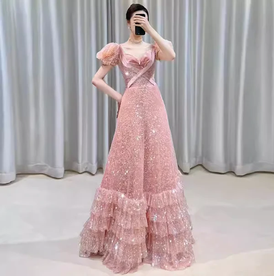 Modest A line Pink Short Sleeves Sequin Ruffles Long Prom Dresses PP1007