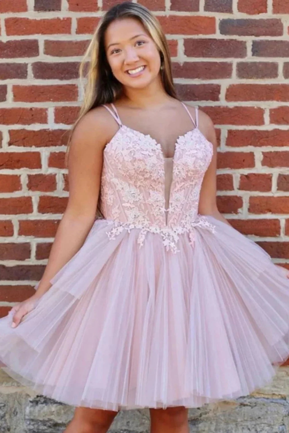 Pink Spaghetti Straps Lace Appliques Homecoming Party Dress