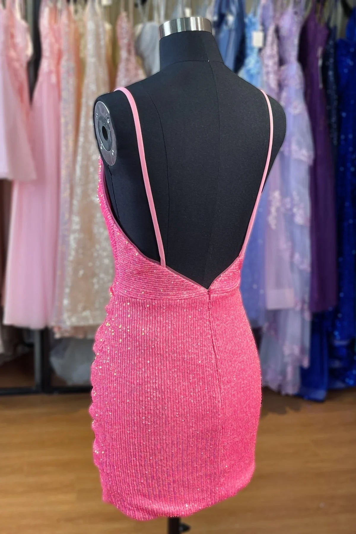 Pink V-Neck Spaghetti Straps Open Back Homecoming Dress