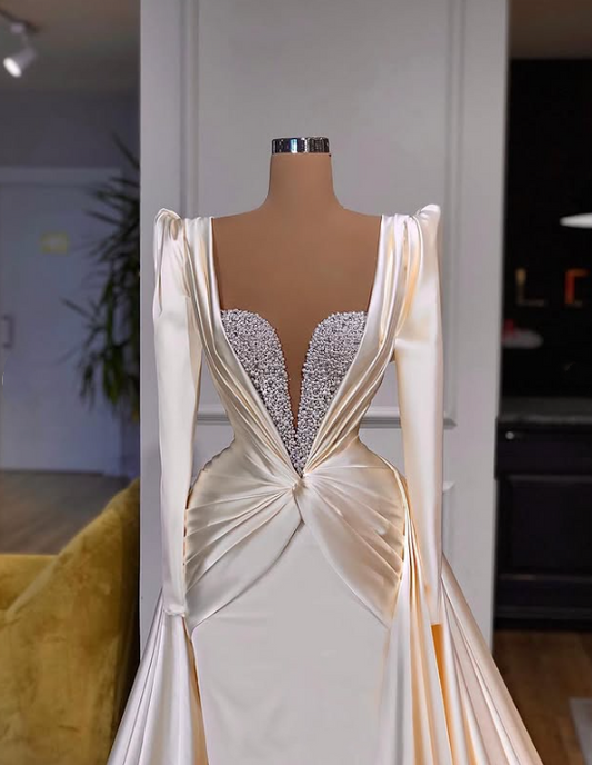 Mermaid Evening Dresses Satin Off The Shoulder Beaded Train Formal Gowns gh2176