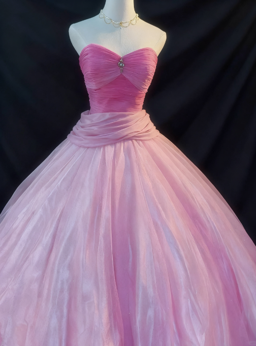 girlhomeshops-Pink Gradient Strapless Long Sleeve Less Organza Gown gh5822