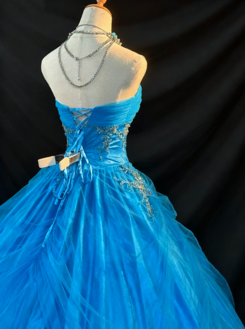 girlhomeshops-Blue Strapless Long Organza Gown gh5823