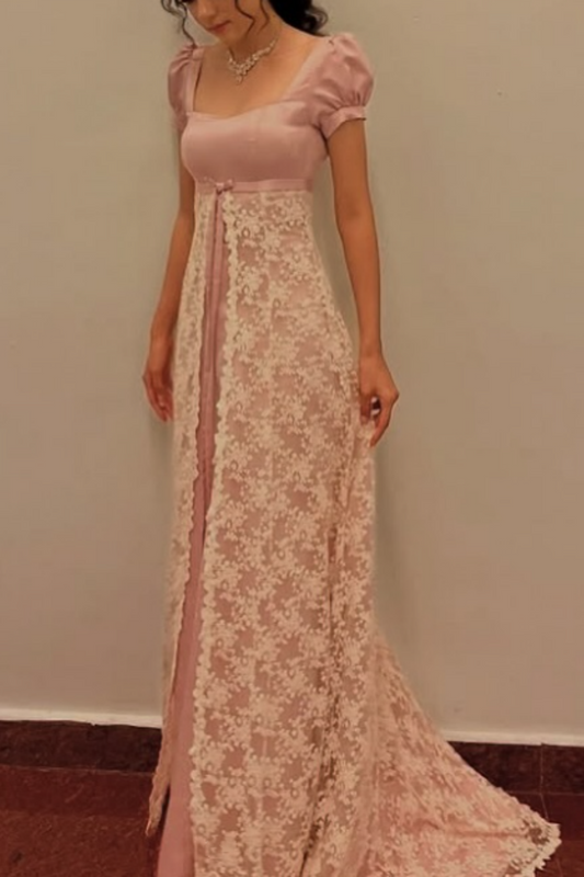 girlhomeshops-Pink short-sleeved lace retro elegant long prom dress gh5758