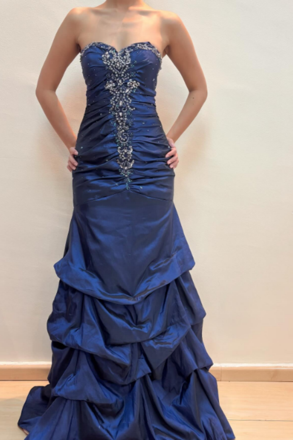 girlhomeshops-Vintage royal blue dress with sewn beading and adjustable back gh6178