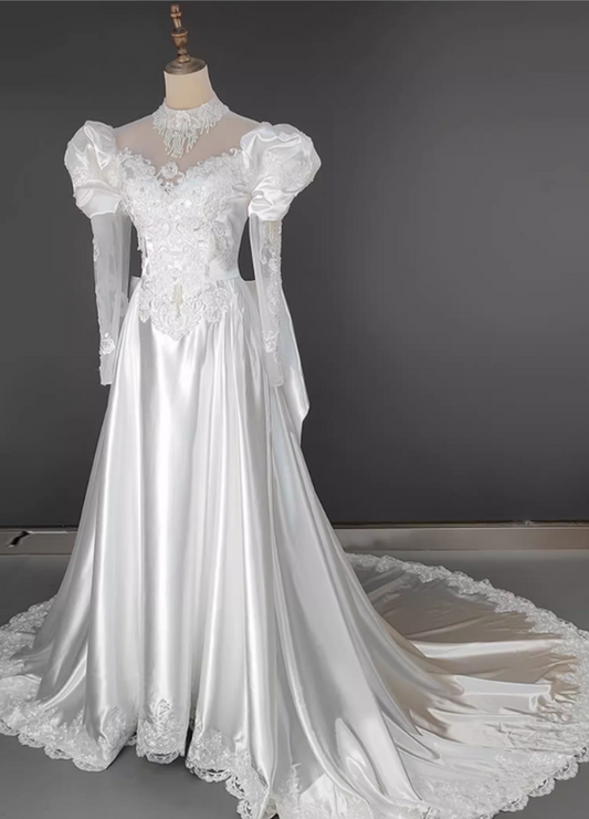 Glamorous White Satin Puff Sleeve A-Line Lace Applique Cathedral Train Wedding Dress TP5298
