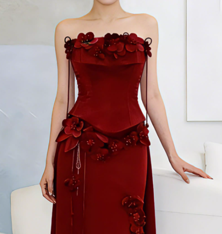 Vintage Burgundy Strapless 3D Floral Sheath Evening Gown TP5560