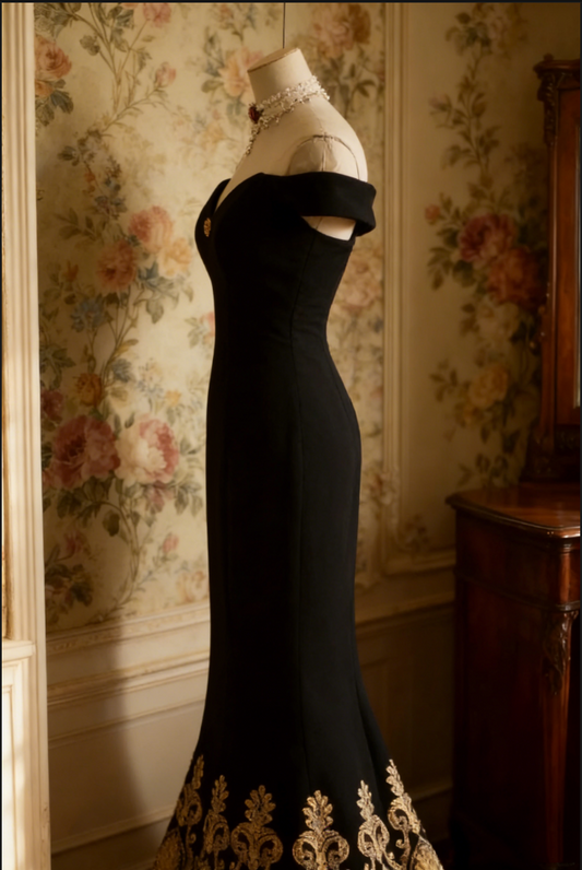Elegant Black Off-Shoulder Mermaid Evening Gown with Gold Embroidery TP5636