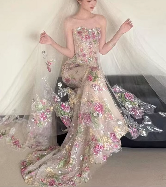 Glamorous Floral Sequin Bridal Gown Enchanted Mermaid Wedding Dress TP5653