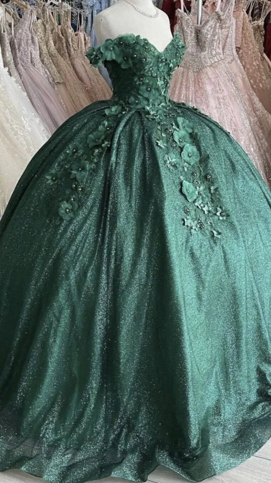 Off The Shoulder Green Ball Gown With Flowers Sweet 16 Dress gh919